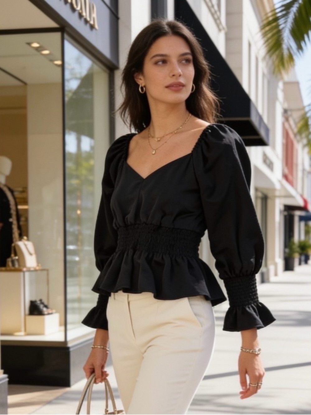 INC International Concepts Black Smocked Peplum Blouse